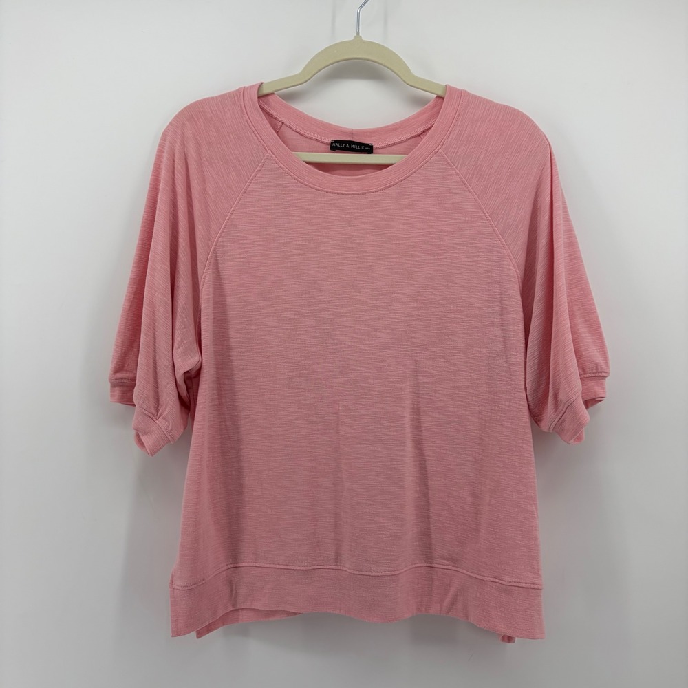 Nally & Millie Womens PL Pink Slub Knit Top Raglan Puff Sleeve Casual Comfort